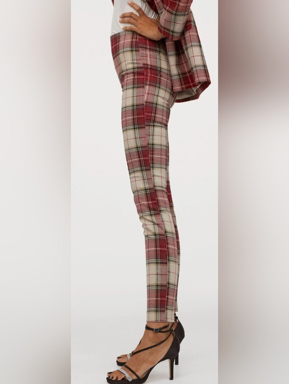 H&M Red Plaid Tartan Skinny Pants with Black Accents